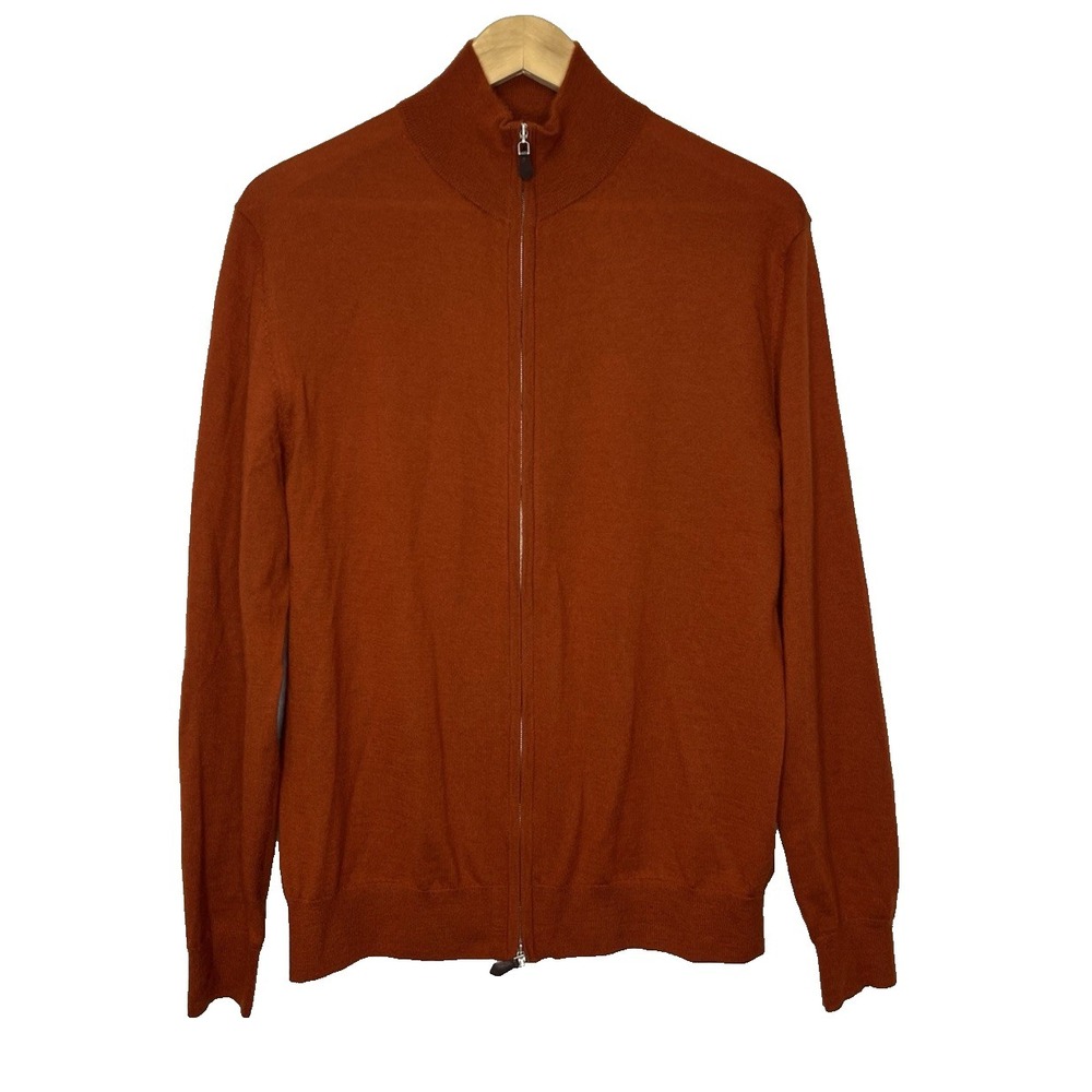 N Peal Mens Full Zip Cashmere Silk Cardigan Sweater Medium Orange Mock Neck